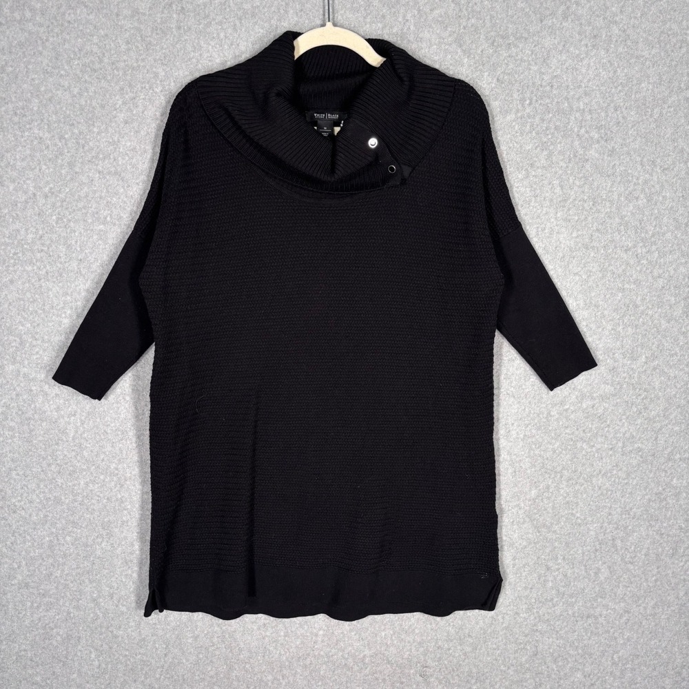 WHBM‎ Cowl Neck Tunic Sweater Medium Black Waffle Knit Lagenlook Lagom Minimal